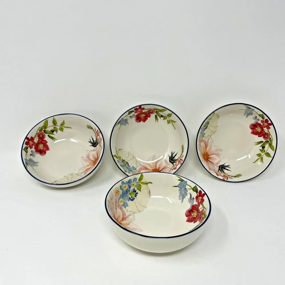 Pottery Barn Floral Ceramic Fruit Bowls Set of 4 Microwave Dishwasher Safe